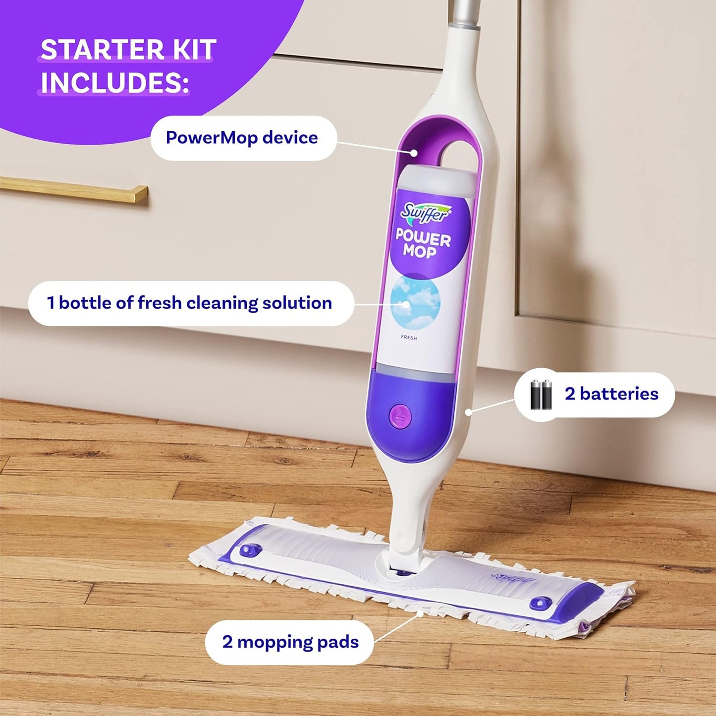 Powermop Multi-Surface Mop Kit for Floor Cleaning, Includes Powermop, 2 Mopping Pad Refills, 1 Cleaning Solution with Fresh Scent and 2 Batteries