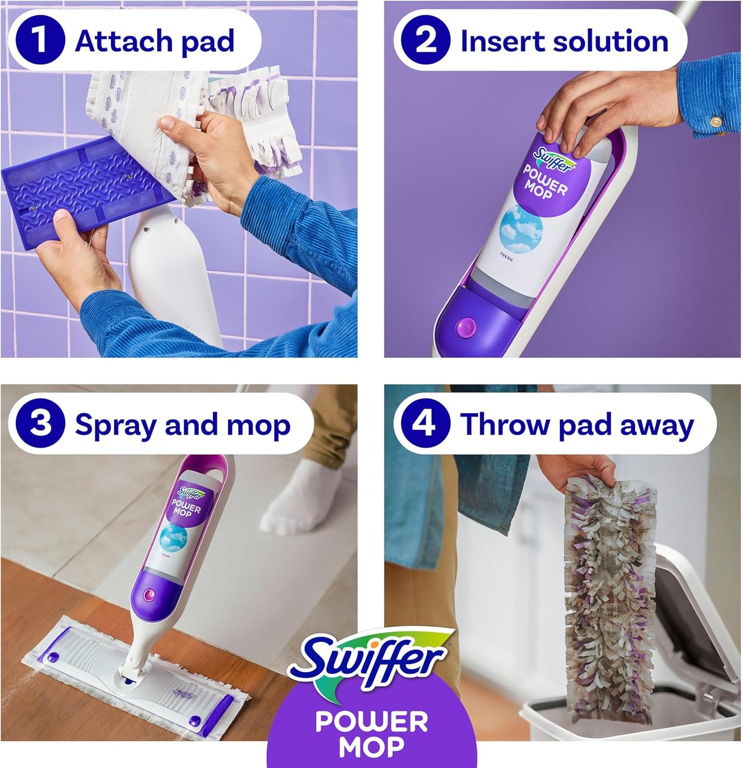 Powermop Multi-Surface Mop Kit for Floor Cleaning, Includes Powermop, 2 Mopping Pad Refills, 1 Cleaning Solution with Fresh Scent and 2 Batteries